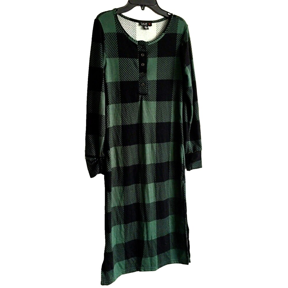 Love Green Black Plaid Thin Long Sleeve Women Dress/Top w Side Slits Size Medium